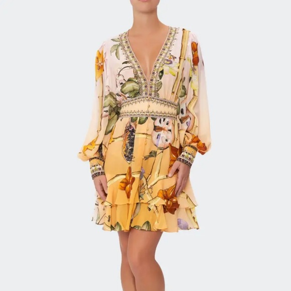 Camilla blouson sleeve button front silk mini dres - Picture 2 of 5